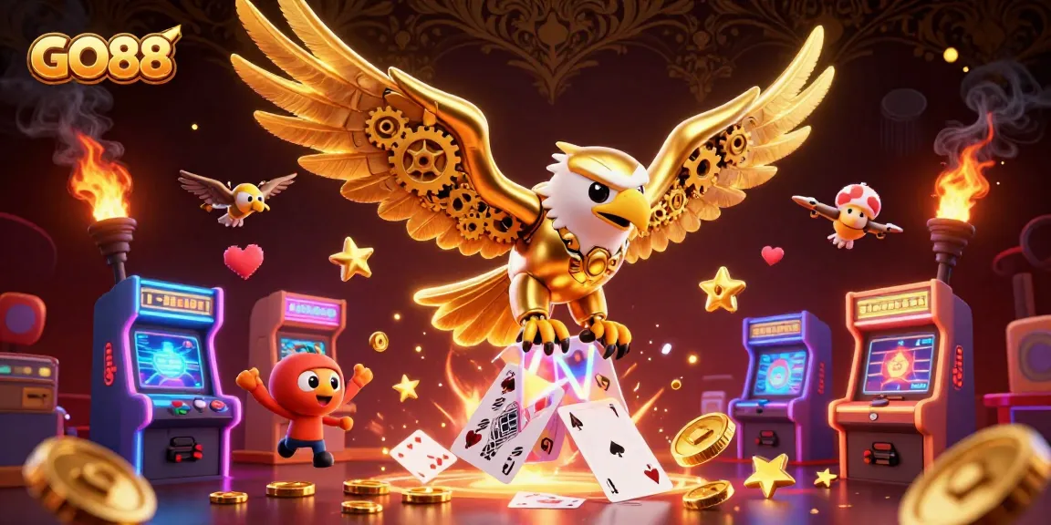 Fly through a casino adventure with GO88's golden eagle amidst vibrant gaming elements.