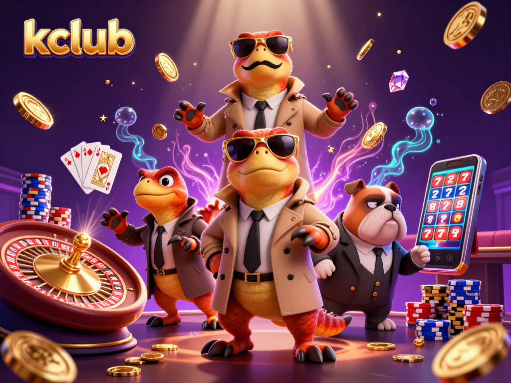 kclub presents three raptors amusingly disguised, entering a VIP casino, surrounded by flying gems and golden coins