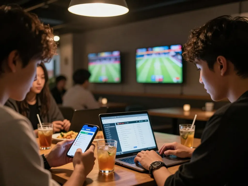 Engaging sports betting scene showing friends using kp88 bet app, dynamic atmosphere with games and drinks.