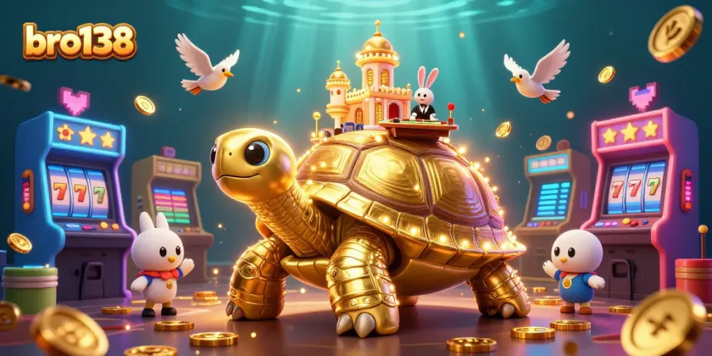 Experience winning with bro138's interactive casino adventure featuring a golden tortoise and vibrant games.