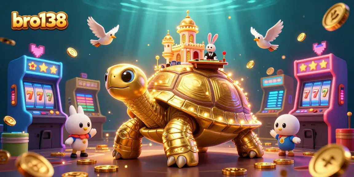 Experience winning with bro138's interactive casino adventure featuring a golden tortoise and vibrant games.