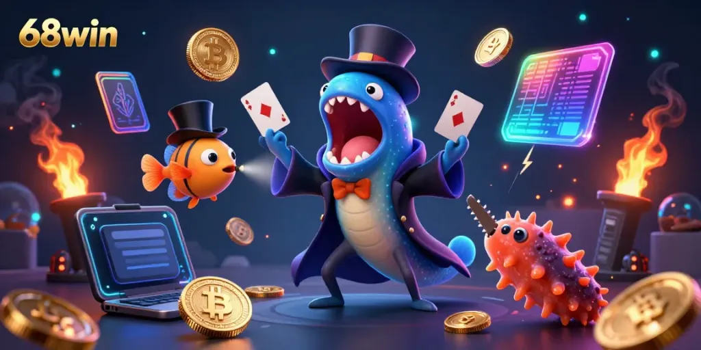 Experience thrilling card tricks at 68win, featuring a bioluminescent eel magician and crypto elements.