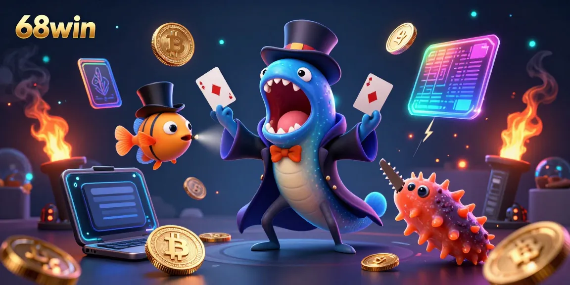 Experience thrilling card tricks at 68win, featuring a bioluminescent eel magician and crypto elements.