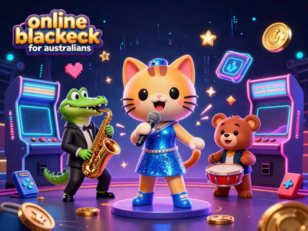 Engage in online blackjack for australians with a lively casino-themed illustration featuring animated characters and games.
