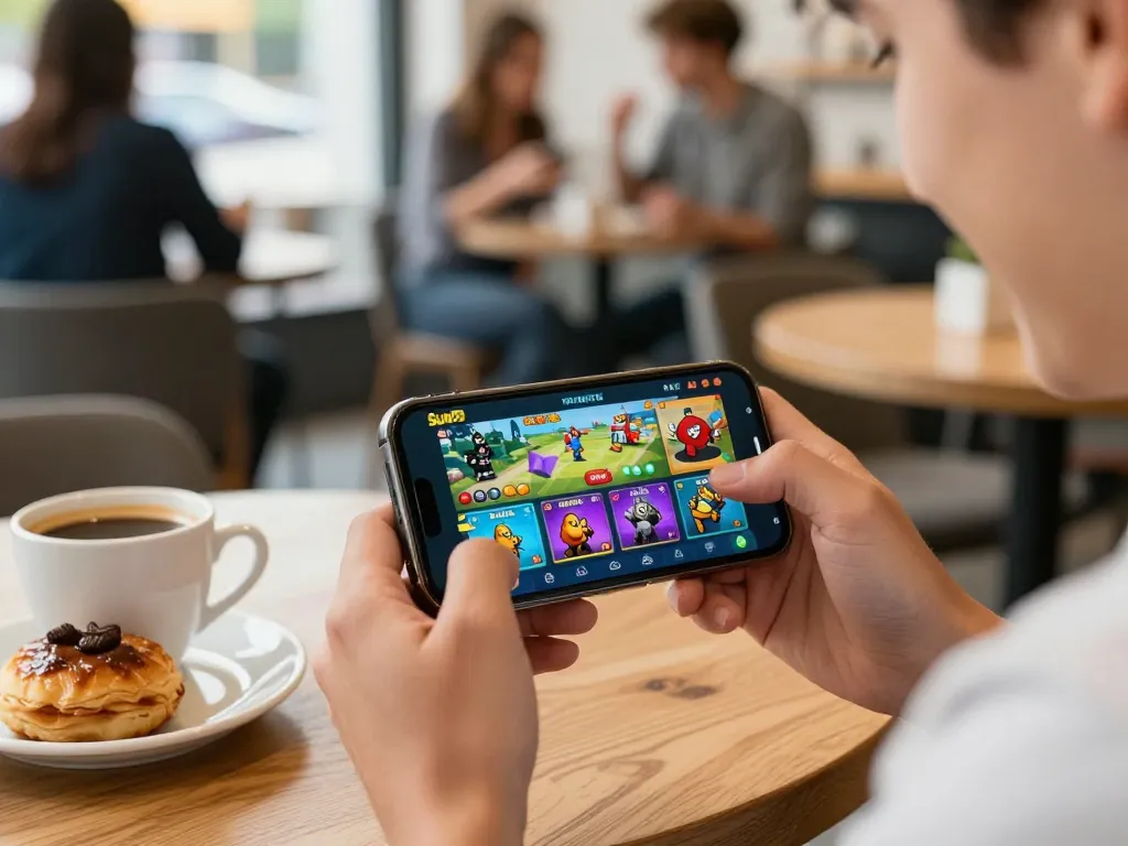 Tải Sun52 app on smartphone while enjoying a coffee in a lively café setting.