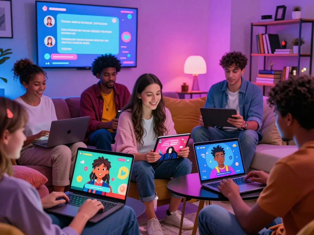 Interactive scene showing users engaging in ai nsfw chat with customizable characters, vibrant atmosphere.