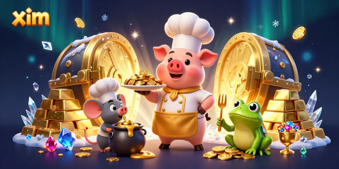 XIM highlights a vibrant casino scene with a chef pig, sous-chef mouse, and critic frog amidst treasures.
