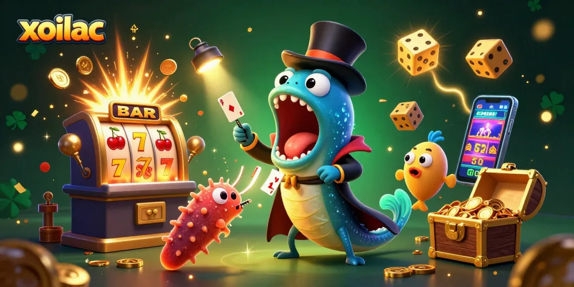 Xoilac engagingly showcases a bioluminescent eel magician amidst vibrant casino elements.