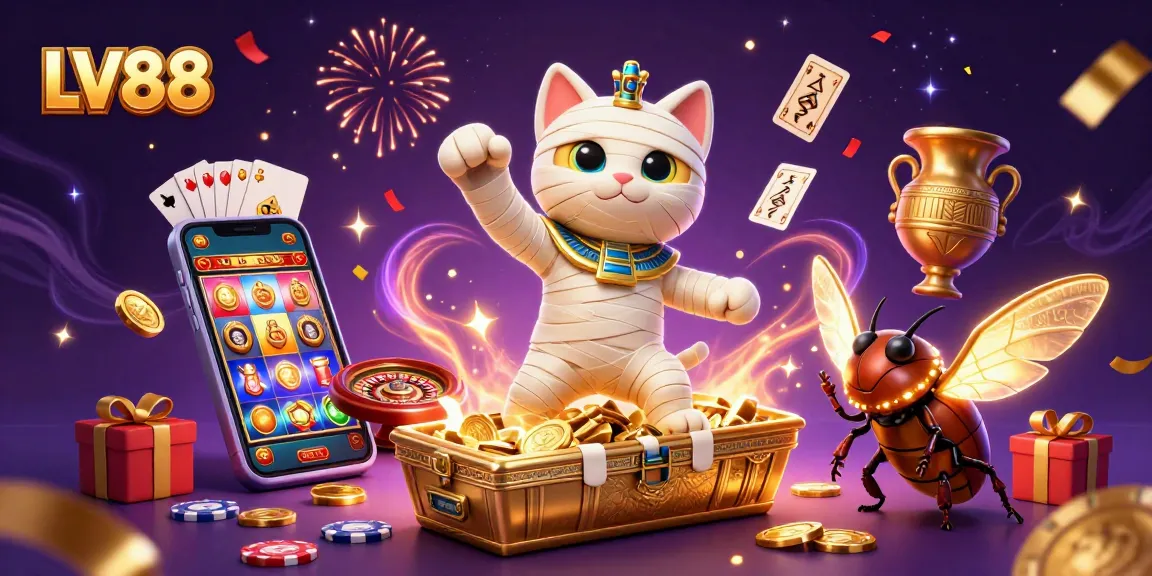 Experience excitement at LV88 with a mummy cat, golden games, and flashy casino elements.