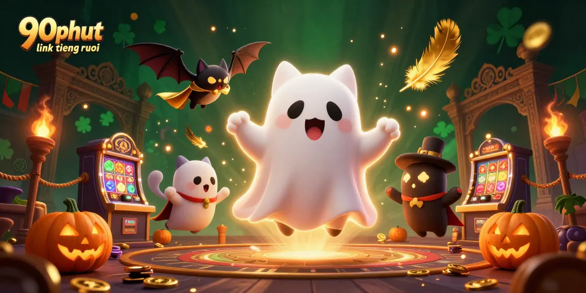 Experience thrilling gaming with 90phut link tiengruoi in a vibrant haunted casino scene full of energy.