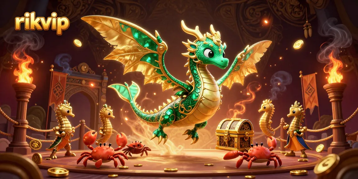 Engage in thrilling gameplay at rikvip with a vibrant sea dragon and treasure chest illustration.