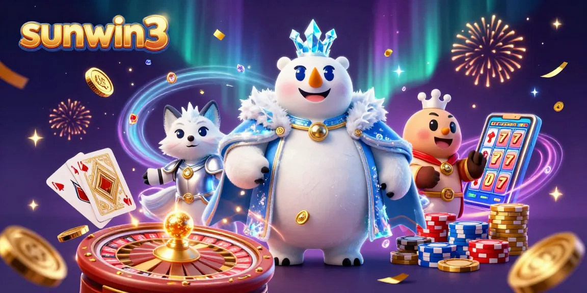 Experience the excitement of sunwin3 as golden coins and vibrant gems fly around a cartoon ice king and his snow fox companion!
