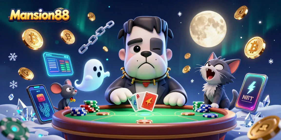 Mansion88 offers exciting online poker with a lively scene featuring a Frankenstein bulldog and characters in an immersive casino setting.