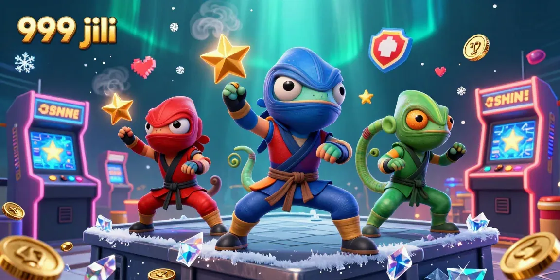 Experience thrilling play with 999 jili as chameleon ninjas perform in a dynamic casino scene filled with vibrant game elements.