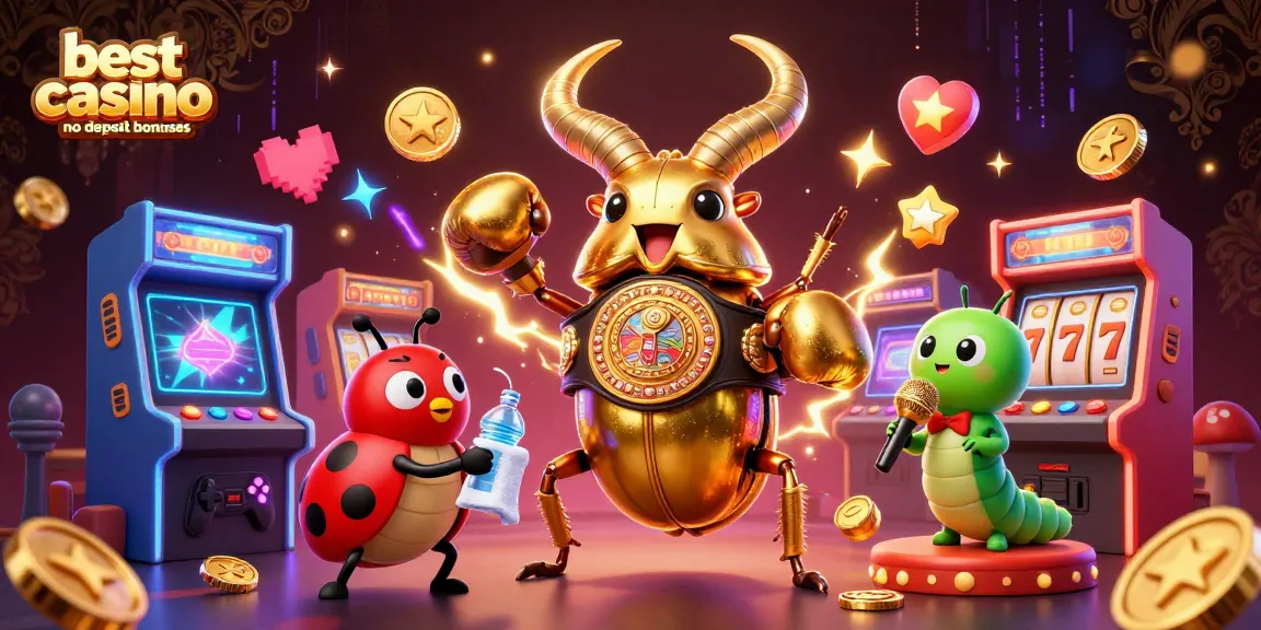 Engage with the best casino no deposit bonuses featuring a golden stag beetle boxing champion and gaming elements.