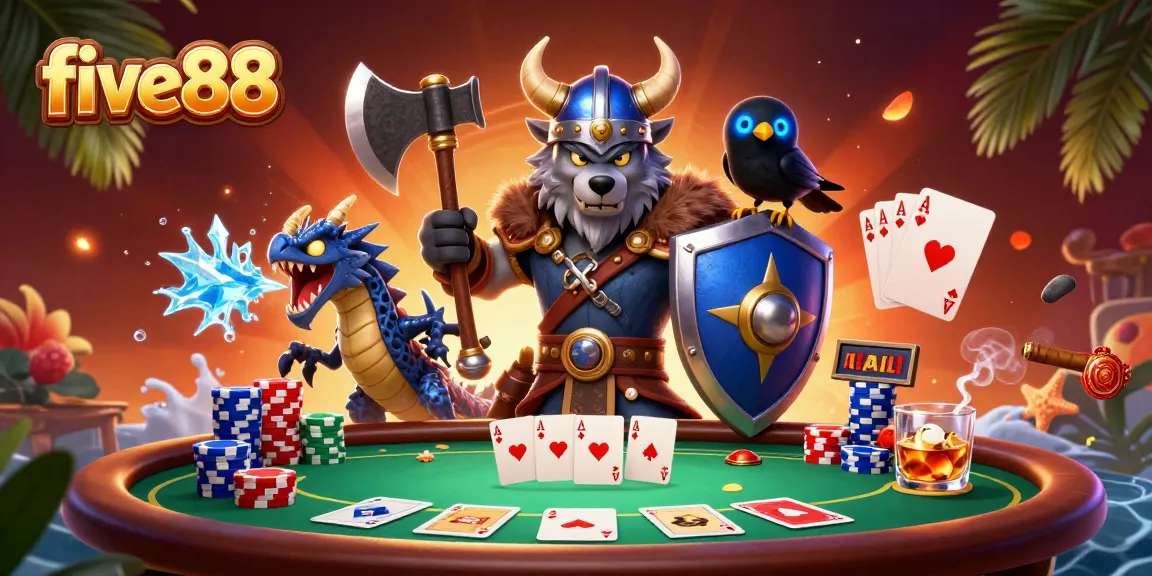 Engage in thrilling poker action with five88 featuring a Viking wolf warrior and dragon.