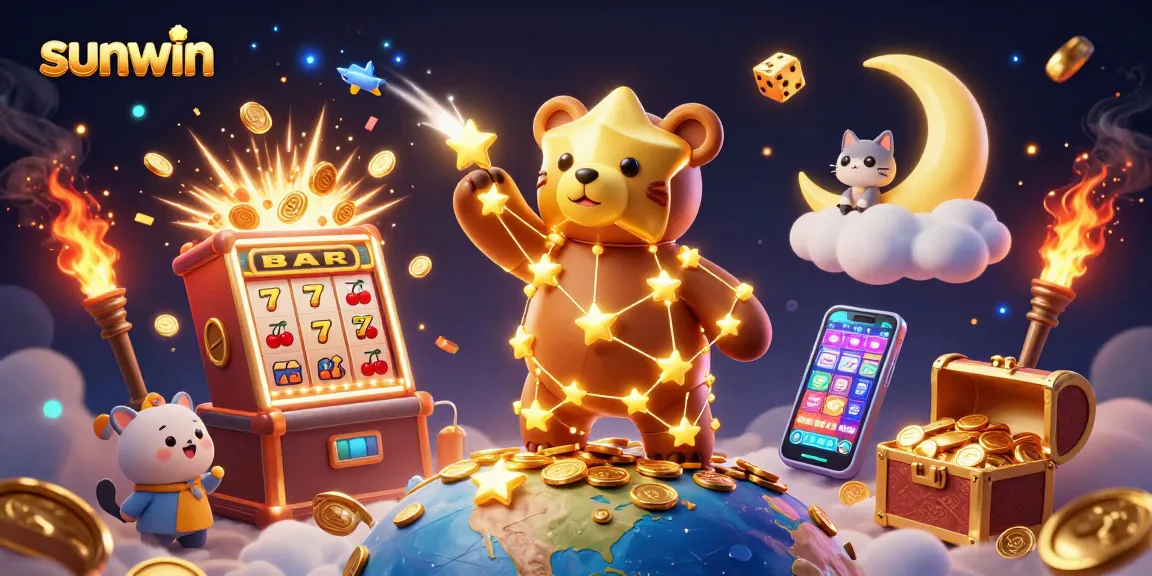 Experience thrilling wins at sunwin with a 3D casino scene showcasing vibrant slots and gold!