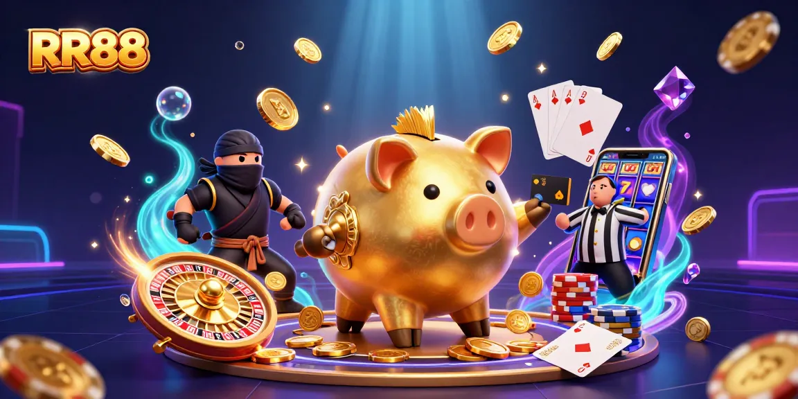 RR88 offers exciting casino action with a 3D golden piggy bank sumo wrestler and vibrant gaming elements.