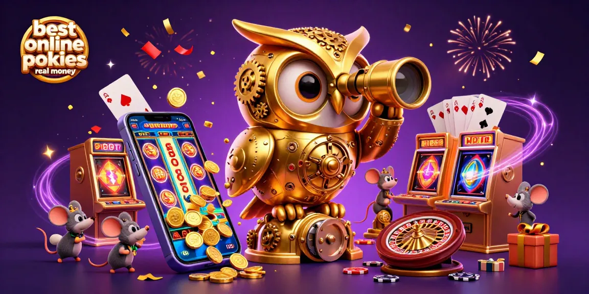 Experience the best online pokies real money with a clockwork owl and mice on a vibrant casino floor.