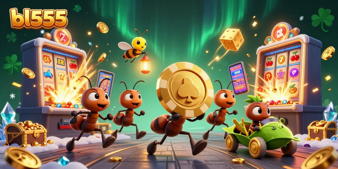 Experience the excitement of bl555 as cartoon ants carry a giant poker chip in a vibrant casino heist scene.