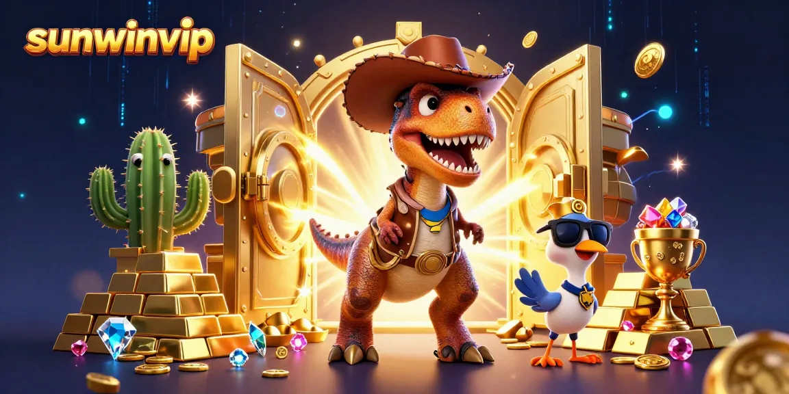 Win big with sunwinvip in a colorful 3D casino scene featuring exciting characters and treasures.