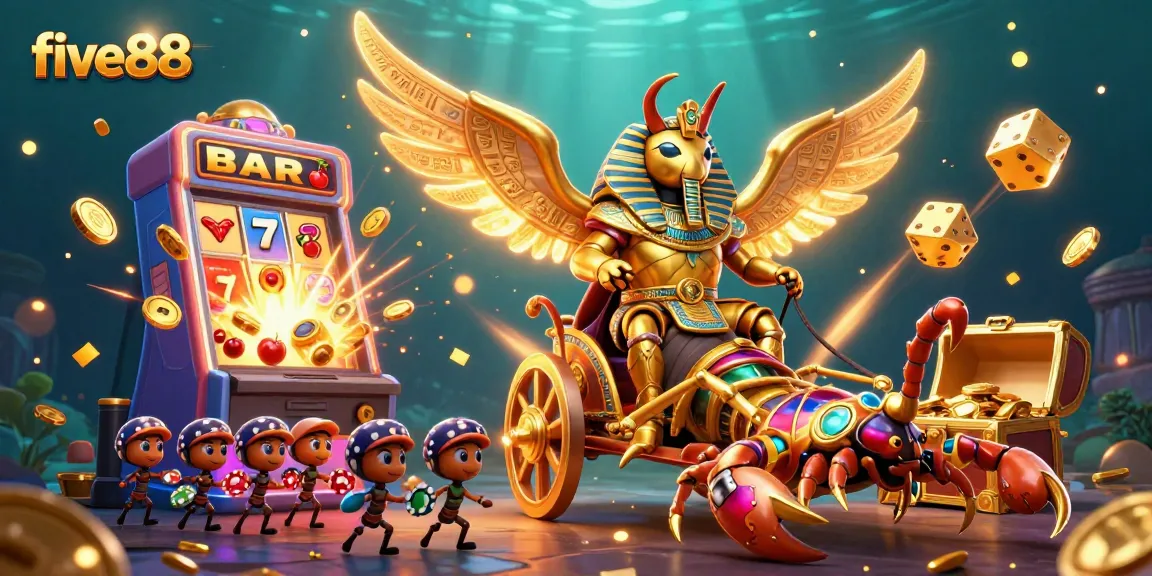 Engage in thrilling gameplay with five88's vibrant 3D casino scene, featuring golden scarabs and jackpot machines.