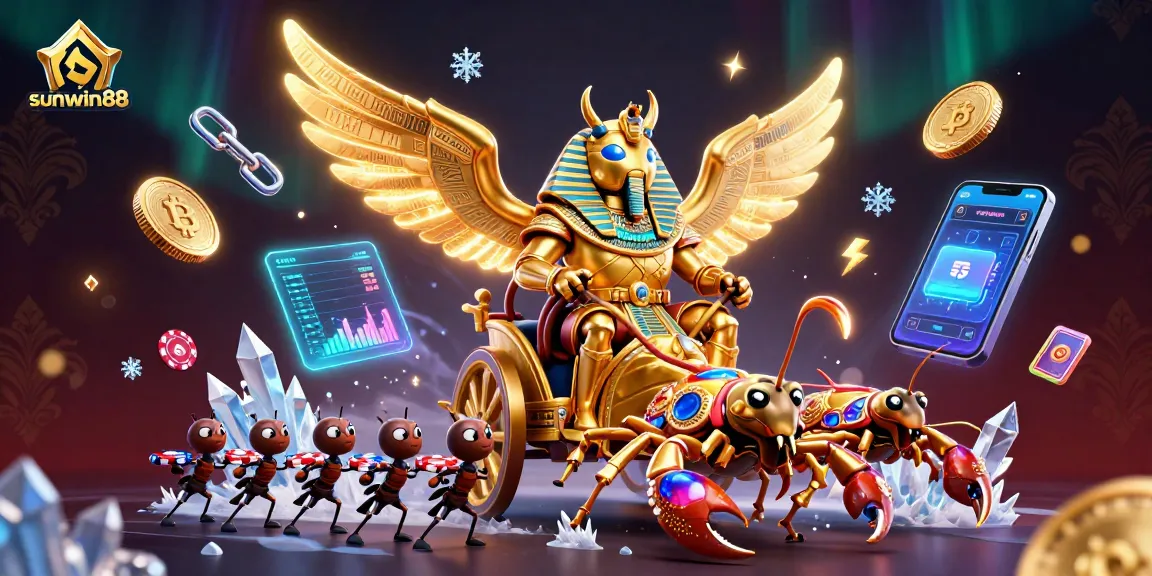Join the adventure at sunwin88 with a golden beetle championing crypto gaming excitement.