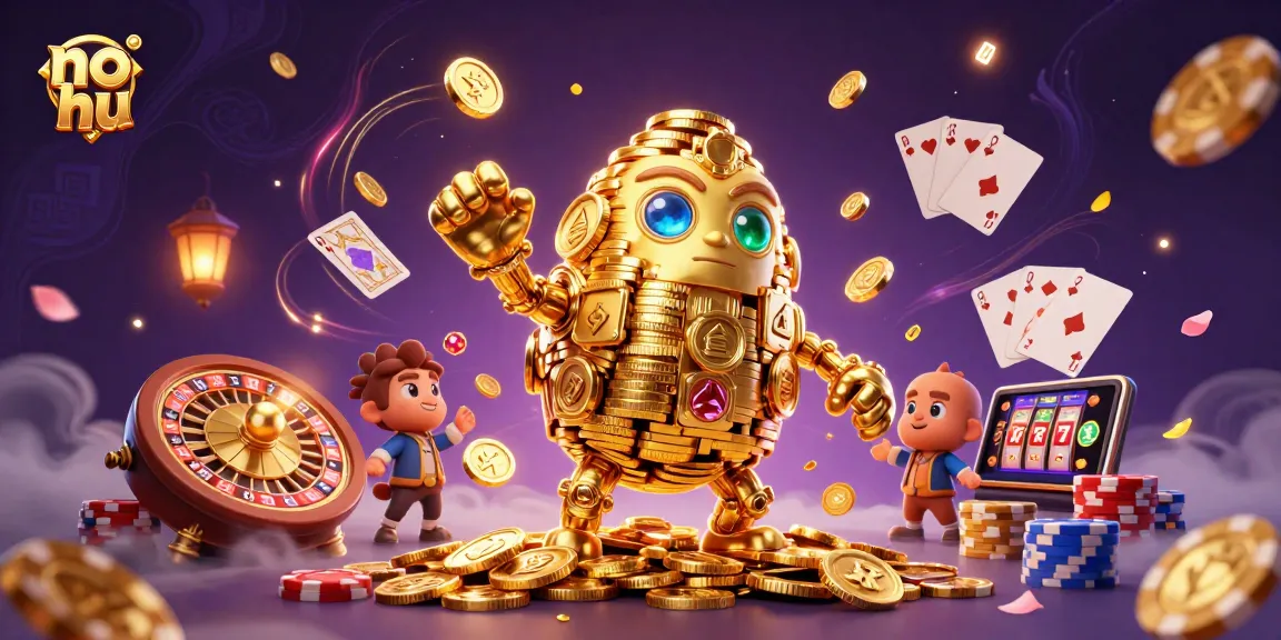 Unleash wins with no hu in this vibrant 3D casino scene featuring slots and poker.