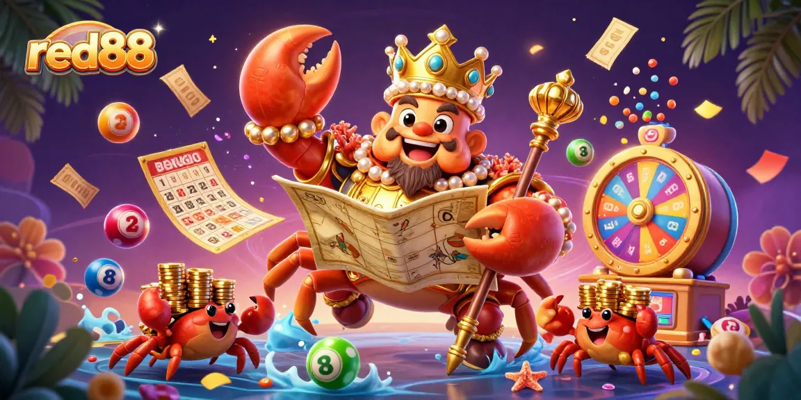 Experience the thrill of red88 with a dynamic 3D illustration featuring a golden crab and exciting lottery elements.