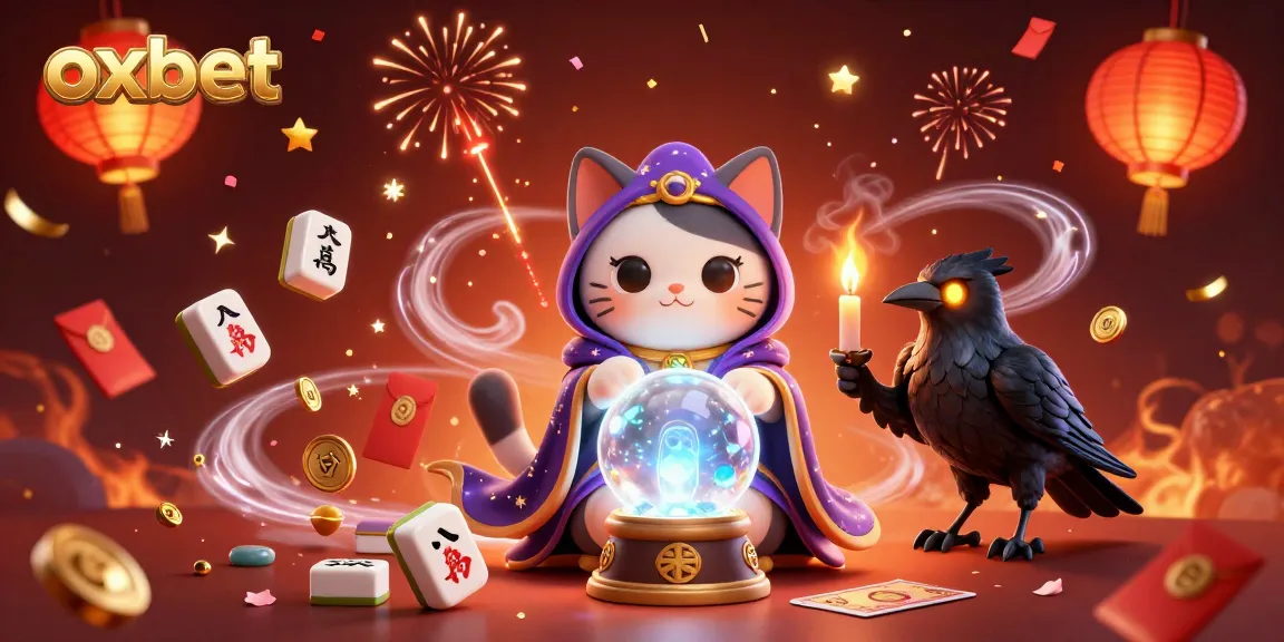 Experience a magical moment with the oxbet fortune teller cat and raven in a vibrant casino scene.