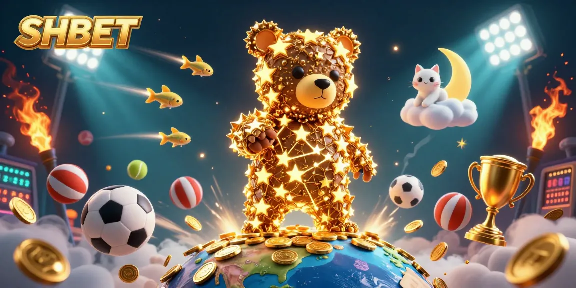 SHBET showcases a whimsical lunar bear collecting coins amidst vibrant sports elements.
