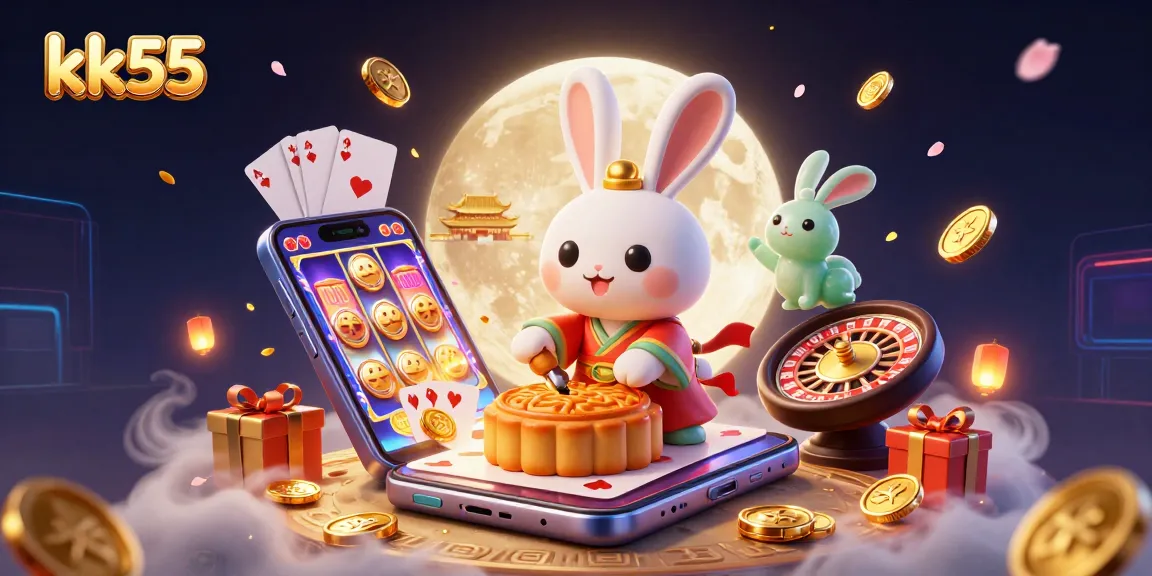 Experience thrilling gameplay with kk55 as a cartoon moon rabbit reveals poker chips amidst vibrant casino elements.