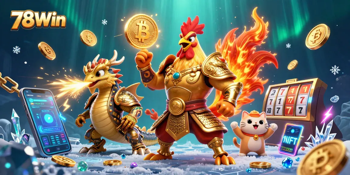 Play thrilling games at 78Win with golden-hued characters and vibrant crypto elements.