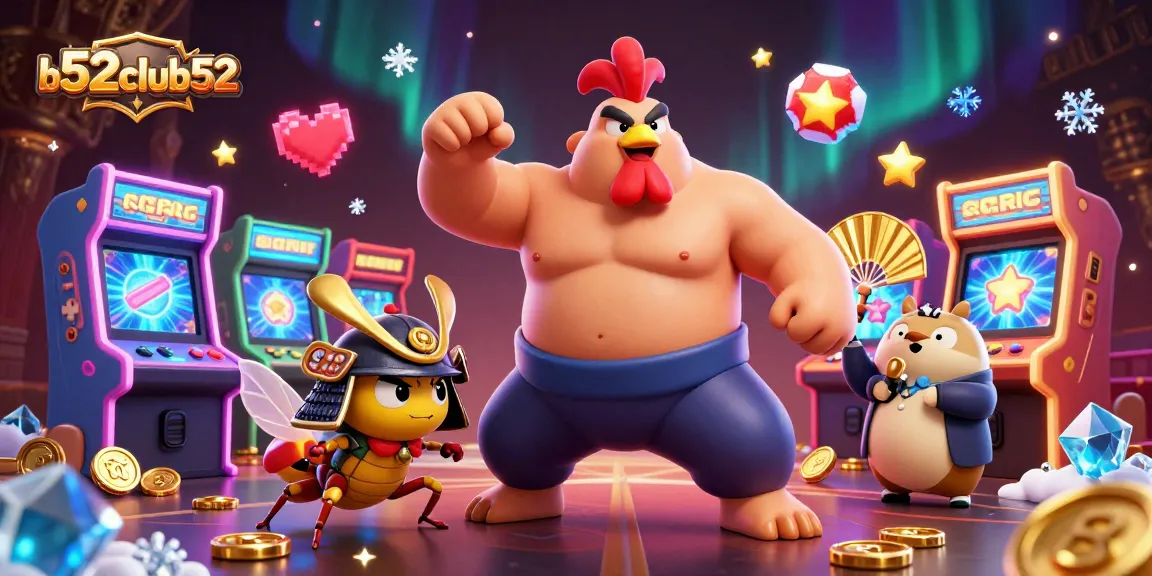 Engage in the vibrant world of b52club52 with a sumo wrestler rooster and fierce cricket surrounded by colorful game elements.